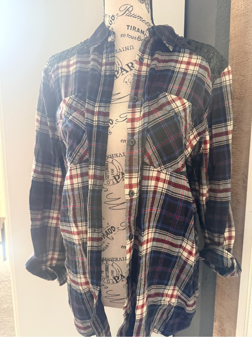 Express Boyfriend Plaid Shirt with Sequin Back - Blue, Black and Red - Medium